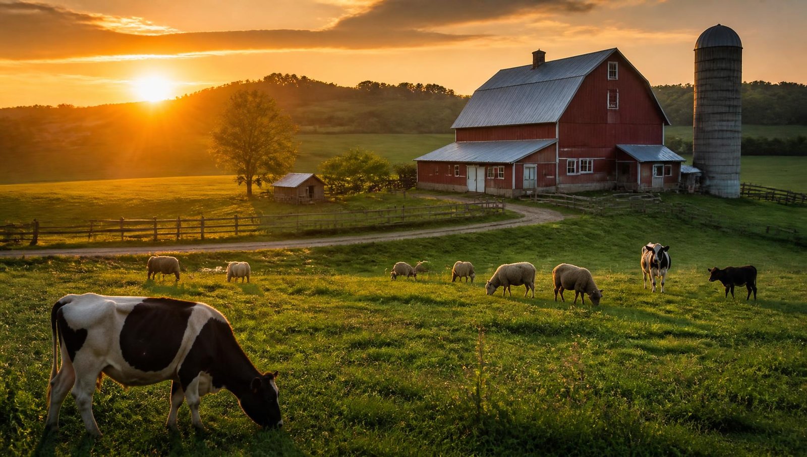Cows and sheep grazing beside a red barn at sunset